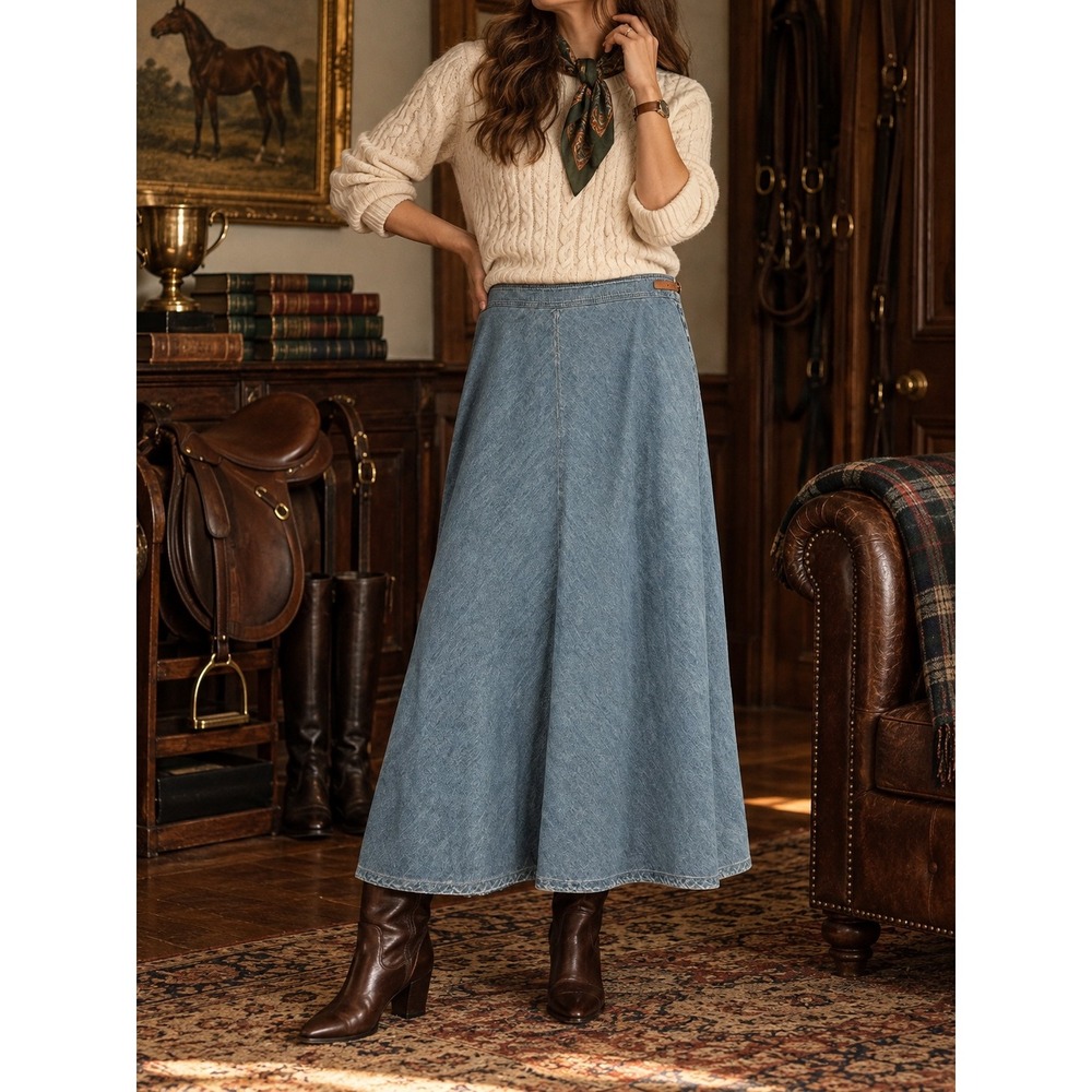 LRL Ralph Lauren Denim Maxi Skirt side buckle 20W Equestrian Old Money Western